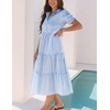 image:imagechouyatou Womens Summer Puff Short Sleeve Striped Dress Button Up Ruffle Tiered Midi Long Dress with PocketsBlue