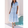 image:imagechouyatou Womens Summer Puff Short Sleeve Striped Dress Button Up Ruffle Tiered Midi Long Dress with PocketsBlue