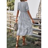 image:imagechouyatou Womens Summer VNeck Striped Midi Long Shirt Dress Short Sleeve Tiered Beach Tunic DressGrey