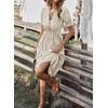 image:imagechouyatou Womens Summer VNeck Striped Midi Long Shirt Dress Short Sleeve Tiered Beach Tunic DressKhaki