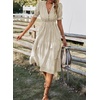 image:imagechouyatou Womens Summer VNeck Striped Midi Long Shirt Dress Short Sleeve Tiered Beach Tunic DressKhaki
