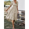 image:imagechouyatou Womens Summer VNeck Striped Midi Long Shirt Dress Short Sleeve Tiered Beach Tunic DressKhaki