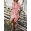 image:imagechouyatou Womens Summer VNeck Striped Midi Long Shirt Dress Short Sleeve Tiered Beach Tunic DressOrange Pink
