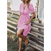image:imagechouyatou Womens Summer VNeck Striped Midi Long Shirt Dress Short Sleeve Tiered Beach Tunic DressPink