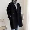 image:imagechouyatou Womens Winter Business Casual Wool Blend Coat Loose Double Breasted Blazer Notch Lapel Pea CoatBlack