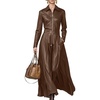 image:imagechouyatou Womens Long Sleeve Faux Leather Maxi Long Dress Flowy Swing Night Out Dress with PocketsBrown