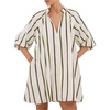 image:imagechouyatou Womens Summer Half Puff Sleeve Cotton Dress Notch Neck Striped Midi Dress with PocketsArmy Green