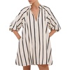 image:imagechouyatou Womens Summer Half Puff Sleeve Cotton Dress Notch Neck Striped Midi Dress with PocketsBlack Striped