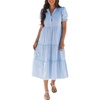 image:imagechouyatou Womens Summer Puff Short Sleeve Striped Dress Button Up Ruffle Tiered Midi Long Dress with PocketsBlue