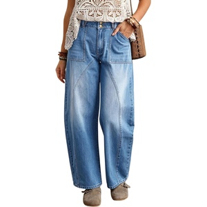 image:imagechouyatou Women Mid Rise Baggy Barrel Jeans Boyfriend Wide Leg Ankle PantsBlue