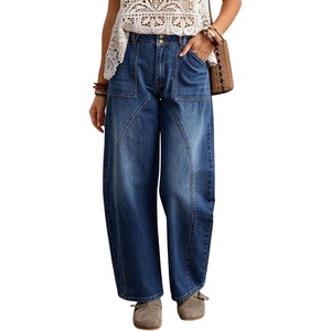 image:imagechouyatou Women Mid Rise Baggy Barrel Jeans Boyfriend Wide Leg Ankle PantsDark Blue