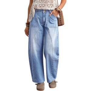 image:imagechouyatou Women Mid Rise Baggy Barrel Jeans Boyfriend Wide Leg Ankle PantsLight Blue