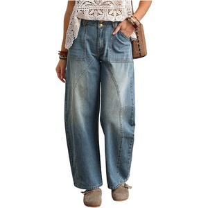 image:imagechouyatou Women Mid Rise Baggy Barrel Jeans Boyfriend Wide Leg Ankle PantsRetro Blue