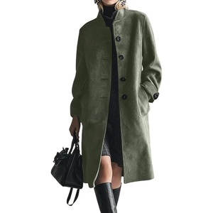 image:imagechouyatou Womens 2025 Fall Winter Faux Suede Trench Coat Single Breasted Business Casual Midi Long Pea CoatArmy Green