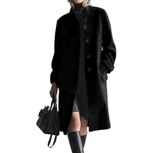 image:imagechouyatou Womens 2025 Fall Winter Faux Suede Trench Coat Single Breasted Business Casual Midi Long Pea CoatBlack