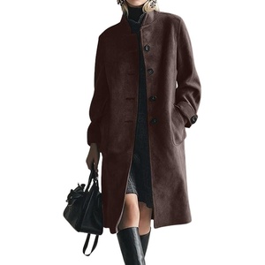 image:imagechouyatou Womens 2025 Fall Winter Faux Suede Trench Coat Single Breasted Business Casual Midi Long Pea CoatCoffee