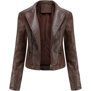 image:imagechouyatou Womens Daily Wear Multiple Color Moto Biker Short Faux Leather JacketCoffee