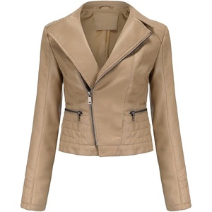 image:imagechouyatou Womens Daily Wear Multiple Color Moto Biker Short Faux Leather JacketKhaki