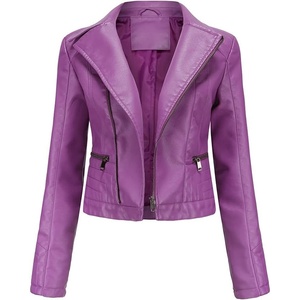 image:imagechouyatou Womens Daily Wear Multiple Color Moto Biker Short Faux Leather JacketPurple