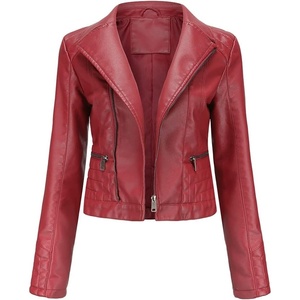 image:imagechouyatou Womens Daily Wear Multiple Color Moto Biker Short Faux Leather JacketRed
