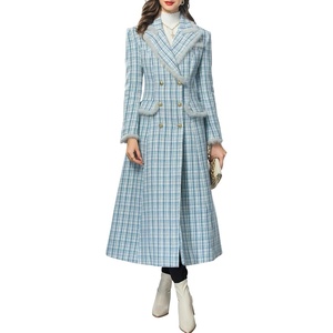 image:imagechouyatou Womens Dressy Plaid Tweed Trench Coat Notch Lapel Slim Fit A Line Maxi Long Blazer Jacket Pea CoatBlue