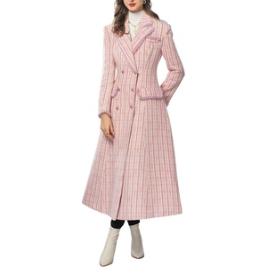 image:imagechouyatou Womens Dressy Plaid Tweed Trench Coat Notch Lapel Slim Fit A Line Maxi Long Blazer Jacket Pea CoatPink