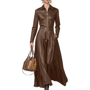 image:imagechouyatou Womens Long Sleeve Faux Leather Maxi Long Dress Flowy Swing Night Out Dress with PocketsBrown