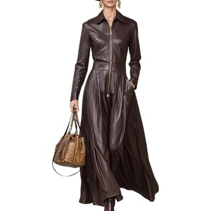 image:imagechouyatou Womens Long Sleeve Faux Leather Maxi Long Dress Flowy Swing Night Out Dress with PocketsCoffee