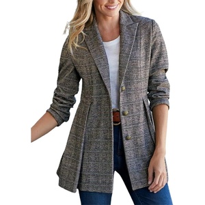 image:imagechouyatou Womens Retro Office Notch Lapel Peplum Plaid Wool Coat Blazer JacketPlaid
