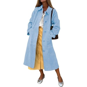 image:imagechouyatou Womens Single Breasted Faux Suede Trench Coat Long Suede Leather Jacket Casual Lapel Pea Coat OvercoatLight Blue