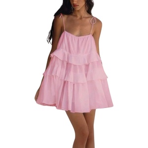 image:imagechouyatou Womens Sleeveless Spaghetti Strap Cute Babydoll Dress Boho Flounce Tiered Mini Sun DressPink