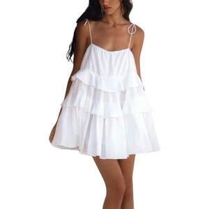 image:imagechouyatou Womens Sleeveless Spaghetti Strap Cute Babydoll Dress Boho Flounce Tiered Mini Sun DressWhite