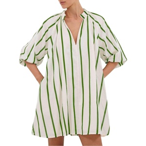 image:imagechouyatou Womens Summer Half Puff Sleeve Cotton Dress Notch Neck Striped Midi Dress with PocketsGreen Striped