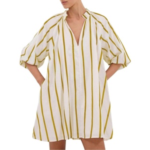 image:imagechouyatou Womens Summer Half Puff Sleeve Cotton Dress Notch Neck Striped Midi Dress with PocketsYellow Striped