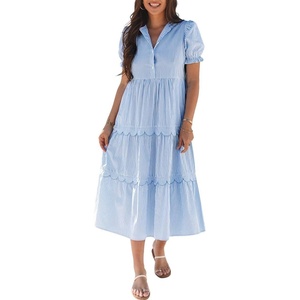 image:imagechouyatou Womens Summer Puff Short Sleeve Striped Dress Button Up Ruffle Tiered Midi Long Dress with PocketsBlue