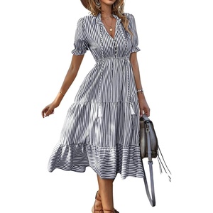 image:imagechouyatou Womens Summer VNeck Striped Midi Long Shirt Dress Short Sleeve Tiered Beach Tunic DressBlack
