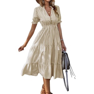 image:imagechouyatou Womens Summer VNeck Striped Midi Long Shirt Dress Short Sleeve Tiered Beach Tunic DressKhaki