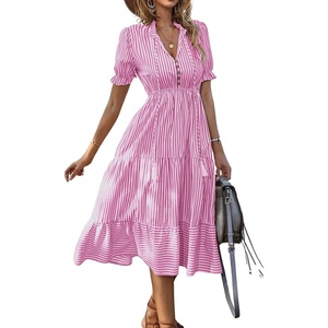 image:imagechouyatou Womens Summer VNeck Striped Midi Long Shirt Dress Short Sleeve Tiered Beach Tunic DressPink