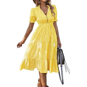 image:imagechouyatou Womens Summer VNeck Striped Midi Long Shirt Dress Short Sleeve Tiered Beach Tunic DressYellow