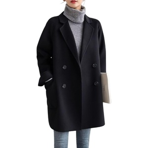 image:imagechouyatou Womens Winter Business Casual Wool Blend Coat Loose Double Breasted Blazer Notch Lapel Pea CoatBlack
