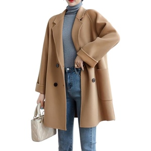 image:imagechouyatou Womens Winter Business Casual Wool Blend Coat Loose Double Breasted Blazer Notch Lapel Pea CoatBrown