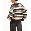 image:imagechouyatou Women Fall Fuzzy Chunky Knit Pullover Striped Sweaters Casual Oversized Crewneck Winter SweaterBrown