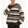 image:imagechouyatou Women Fall Fuzzy Chunky Knit Pullover Striped Sweaters Casual Oversized Crewneck Winter SweaterBrown