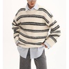 image:imagechouyatou Women Fall Fuzzy Chunky Knit Pullover Striped Sweaters Casual Oversized Crewneck Winter SweaterCream White