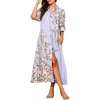 image:imagechouyatou Womens Lapel Button Down Maxi Shirt Dress Floral Printed 34 Sleeve Tunic Long Dress with PocketsPurple