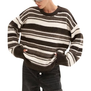 image:imagechouyatou Women Fall Fuzzy Chunky Knit Pullover Striped Sweaters Casual Oversized Crewneck Winter SweaterBrown