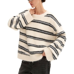 image:imagechouyatou Women Fall Fuzzy Chunky Knit Pullover Striped Sweaters Casual Oversized Crewneck Winter SweaterCream White