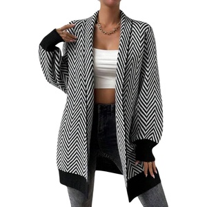 image:imagechouyatou Womens Elegant Shawl Collar Herringbone Striped Cardigan Open Front Color Block Cardigan SweatersBlack