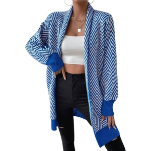 image:imagechouyatou Womens Elegant Shawl Collar Herringbone Striped Cardigan Open Front Color Block Cardigan SweatersBlue