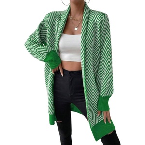 image:imagechouyatou Womens Elegant Shawl Collar Herringbone Striped Cardigan Open Front Color Block Cardigan SweatersGreen